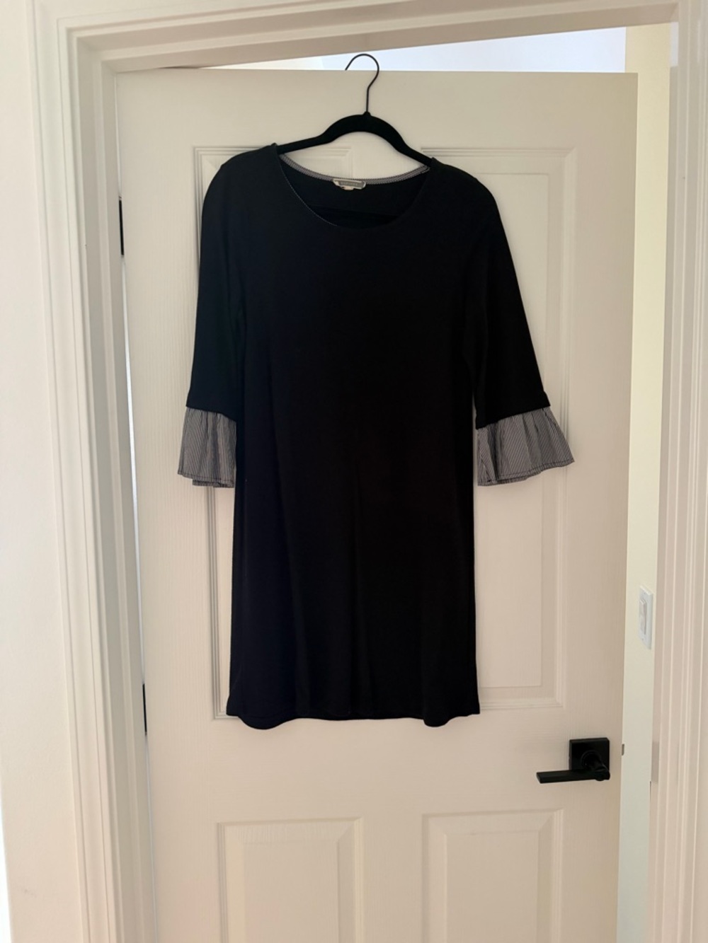 Black Shift Dress with Striped Ruffle Sleeves